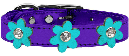 Metallic Flower Leather Collar Metallic Purple With Metallic Turquoise flowers Size 14