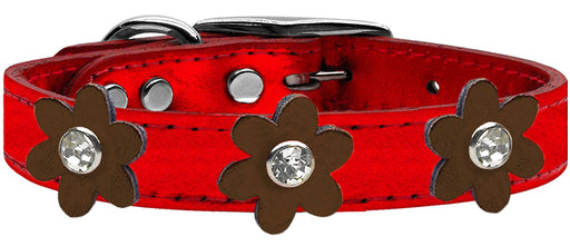 Metallic Flower Leather Collar Metallic Red With Bronze flowers Size 24