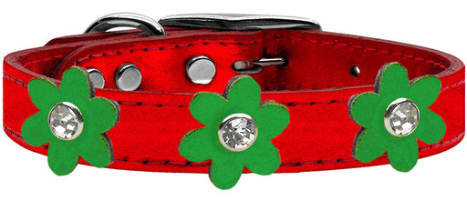 Metallic Flower Leather Collar Metallic Red With Metallic Emerald Green flowers Size 20