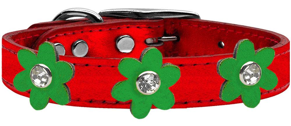 Metallic Flower Leather Collar Metallic Red With Metallic Emerald Green flowers Size 18
