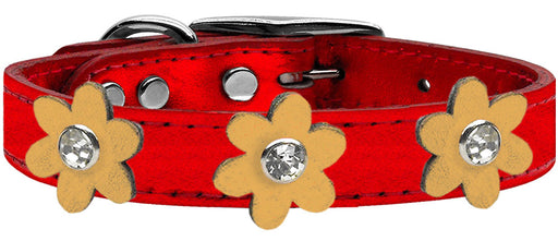 Metallic Flower Leather Collar Metallic Red With Gold flowers Size 22