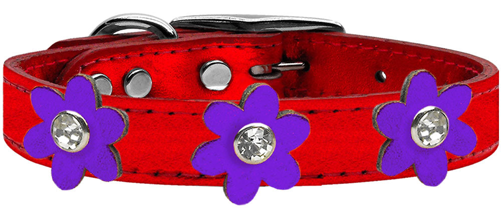 Metallic Flower Leather Collar Metallic Red With Metallic Purple flowers Size 24