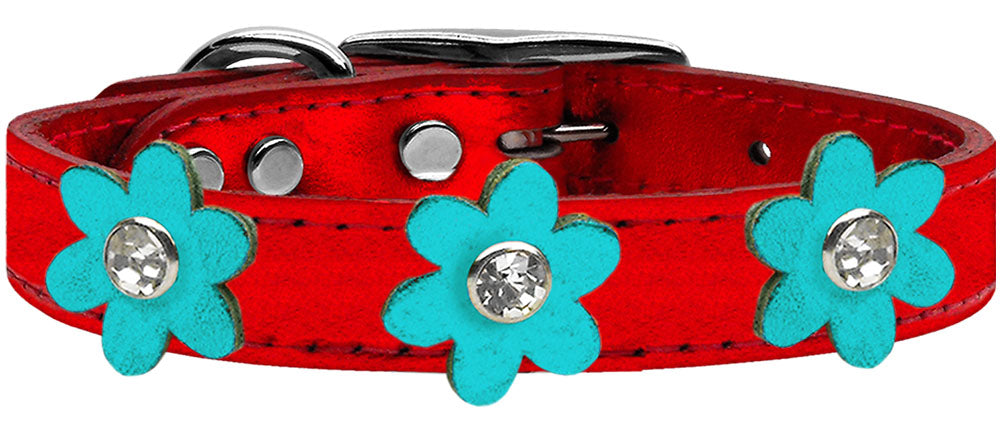 Metallic Flower Leather Collar Metallic Red With Metallic Turquoise flowers Size 18