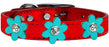 Metallic Flower Leather Collar Metallic Red With Metallic Turquoise flowers Size 14