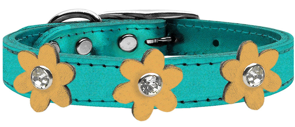 Metallic Flower Leather Collar Metallic Turquoise With Gold flowers Size 24