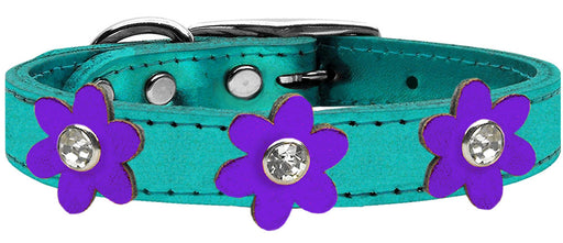 Metallic Flower Leather Collar Metallic Turquoise With Metallic Purple flowers Size 16