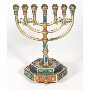 Menorah-12 Tribes Color w/Hexagon Base (7 Branched) (6" x 6")-Pewter