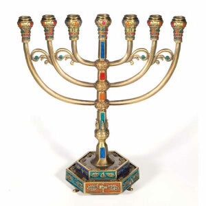 Menorah-12 Tribes Color w/Hexagon Base (7 Branched)-Pewter