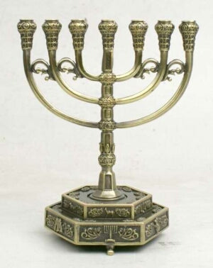 Menorah-12 Tribes-Brass (7 Branched) w/Hexagon Bas