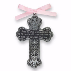 Crib Cross-Bless This Child w/Pink Ribbon-Pewter (