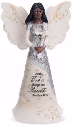 Figurine-Ebony Angel Holding Cross-With God All Th