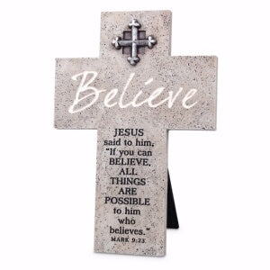 Wall/Desktop Cross-Believe-Gray Cast Stone (#11367