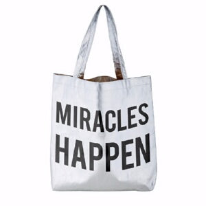Tote Bag-Miracles Happen-Metallic Platinum (16" X