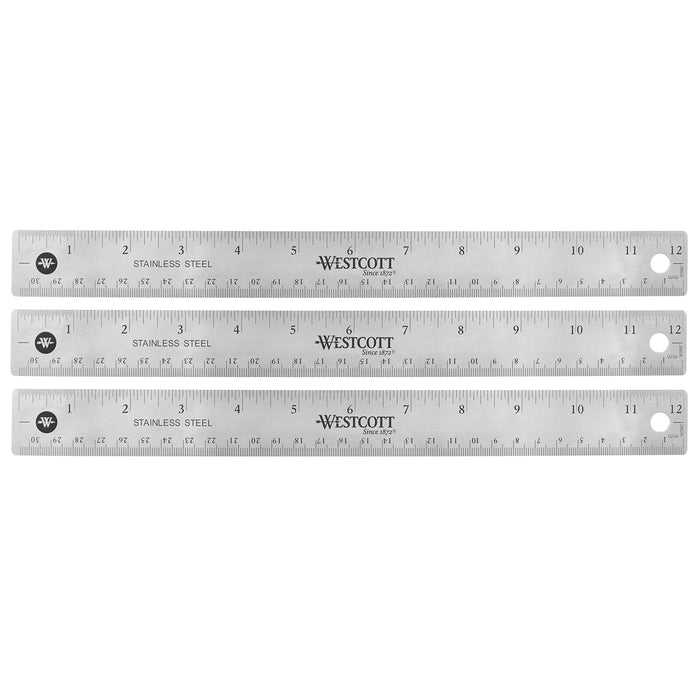 12" Stainless Steel Office Ruler With Non Slip Cork Base, Pack of 3