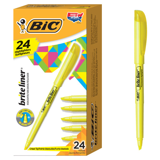 Brite Liner Highlighters Markers, Chisel Tip Super Bright Yellow Fluorescent Highlighters Ink, Won't Dry Out, 24-Count Pack