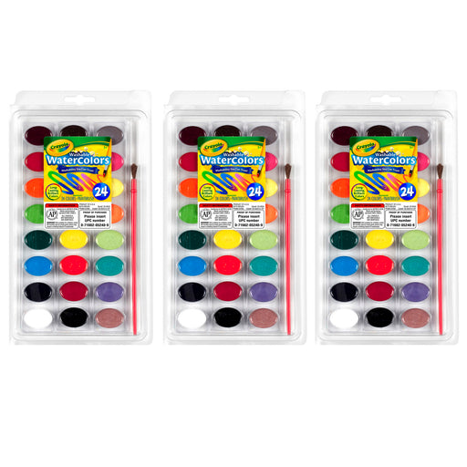 (3 Pk) 24ct Washable Watercolor Pans With Plastic Handled Brush