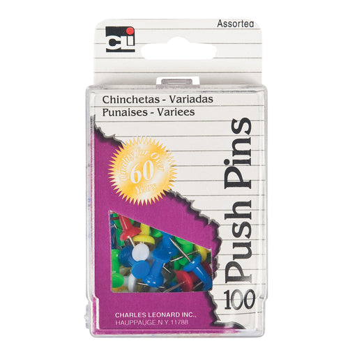 (10 Bx) Push Pins Assorted Colors 100 Pins Per Box