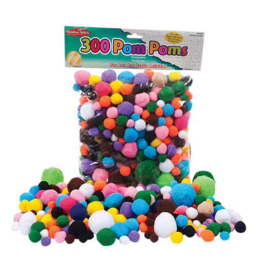 (3 Pk) Pom Poms Asst Sizes & Colors 300 Per Pk