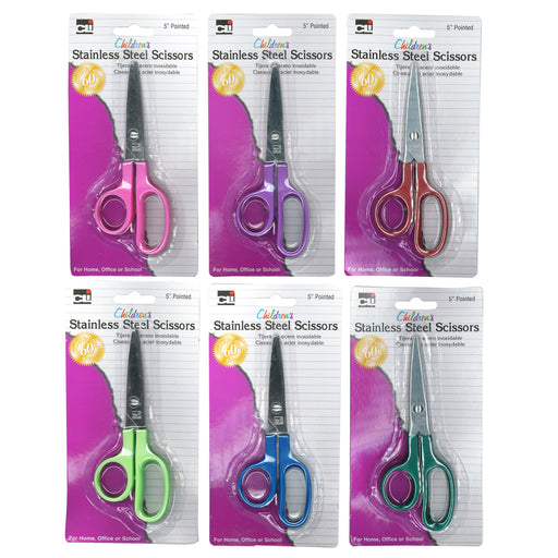 (24 Ea) Scissors Childrens 5in Pointed Stainless Steel Asst Clrs