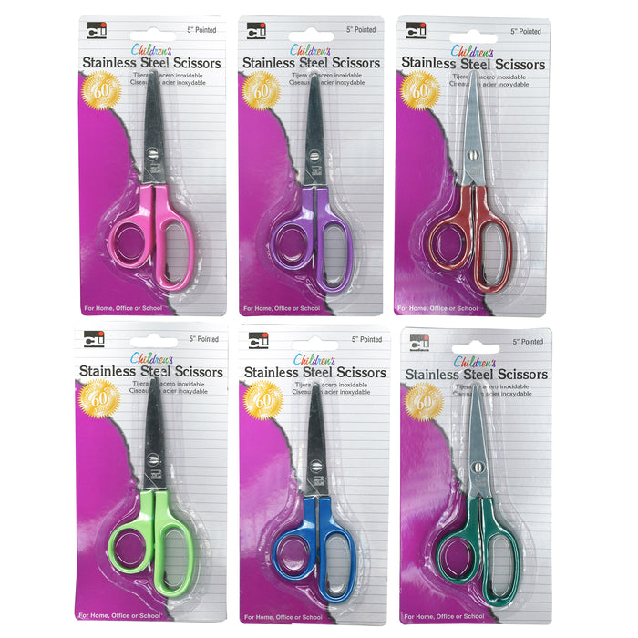 (24 Ea) Scissors Childrens 5in Pointed Stainless Steel Asst Clrs