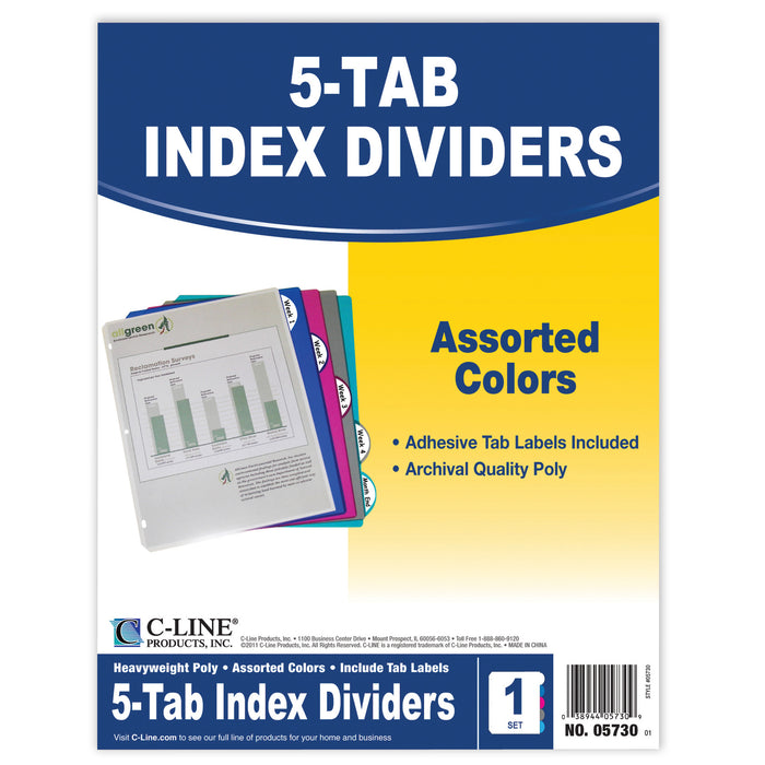 (12 Pk) 5 Tab Poly Index Dividers Assorted 5 Per Pk
