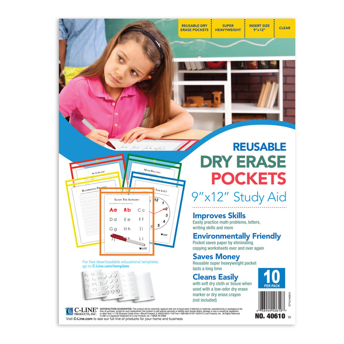 C Line Reusable 10pk 9x12 Dry Erase Pockets Assorted Primary