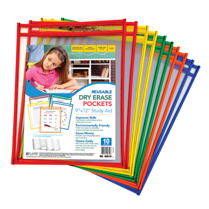 C Line Reusable 10pk 9x12 Dry Erase Pockets Assorted Primary