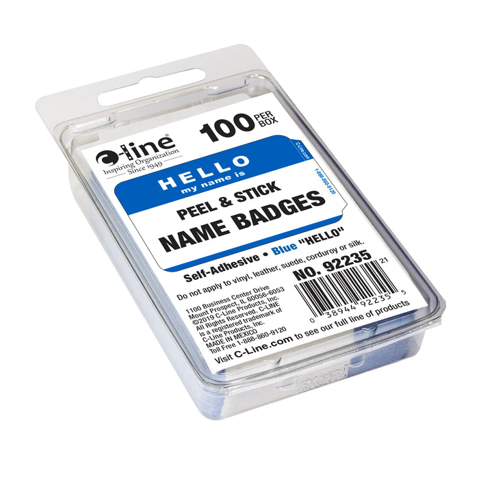 Pressure Sensitive Badges, Hello my name is, Blue, 3-1/2" x 2-1/4", 100 Per Pack, 5 Packs