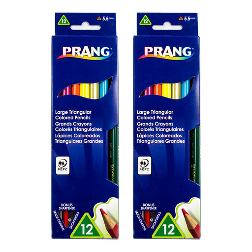 Triangular Colored Pencils, 5.5 mm core, With Sharpener, Assorted Colors, 12 Per Pack, 2 Packs