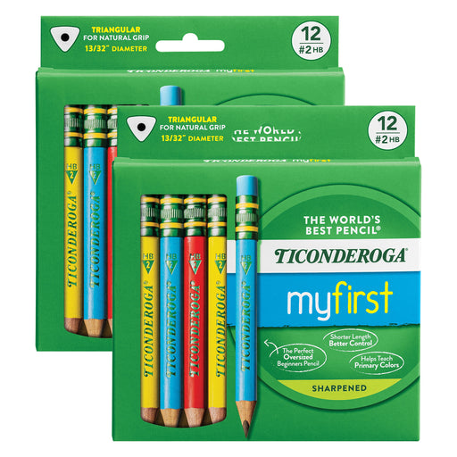 My First® Short Wooden Pencils, Large Triangle Barrel, Sharpened, #2 HB Soft, With Eraser, Primary Colors, 12 Per Pack, 2 Packs