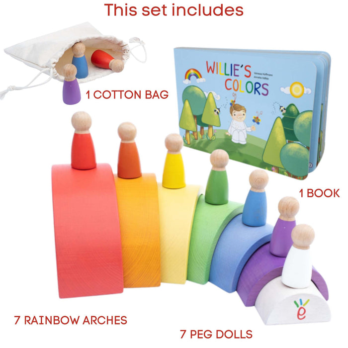 Willies Rainbow World Wooden Set Arches Peg Dolls & Book