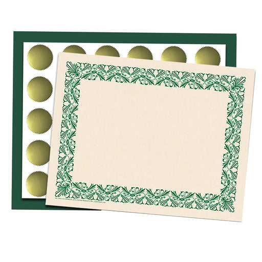 Art Deco Set -Green Border Paper, Plain Folders, Gold Seals