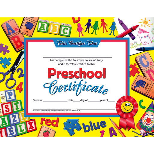 (3 Pk) Preschool Certificate Ylw Background 30 Per Pk