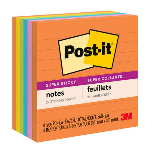 Super Sticky Notes, Energy Boost Collection, 4" x 4" Lined, 90 Sheets-Pad, 6 Pads