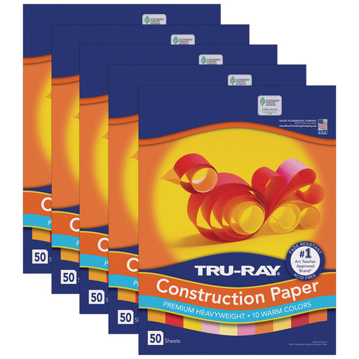 Construction Paper, Warm Assorted, 12" x 18", 50 Sheets Per Pack, 5 Packs