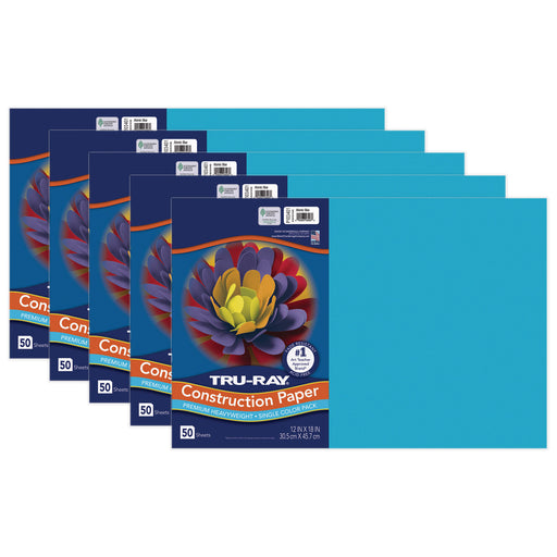 Construction Paper, Atomic Blue, 12" x 18", 50 Sheets Per Pack, 5 Packs
