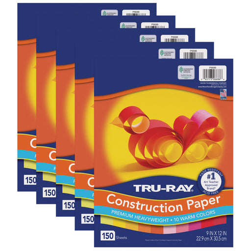 Construction Paper, Warm Assorted, 9" x 12", 150 Sheets Per Pack, 5 Packs