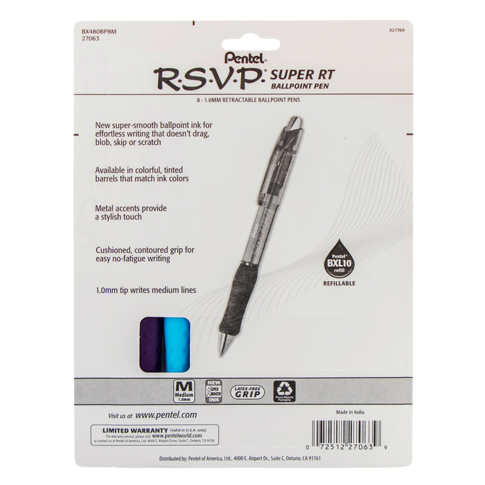 Rsvp Super Rt Bllpoint Pen Asst 8pk Retractable