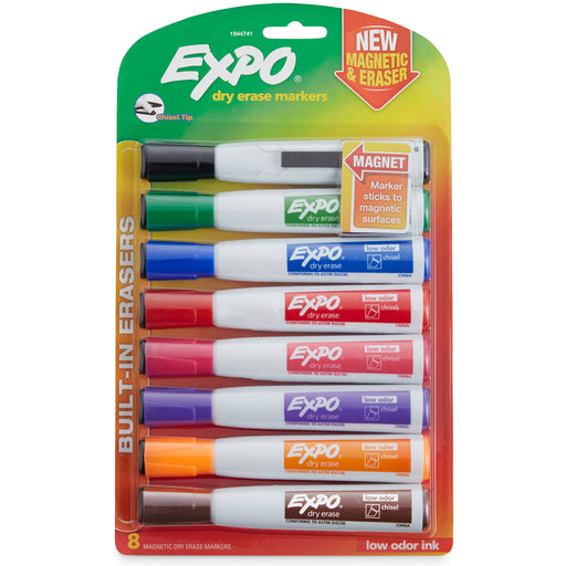 Magnetic Dry Erase Markers with Eraser, Chisel Tip, Assorted Colors, 8-Count
