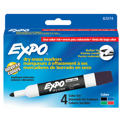 (3 Pk) Marker Expo 2 Dry Erase 4 Per Pack Clr Bull Blk Rd Blu Grn