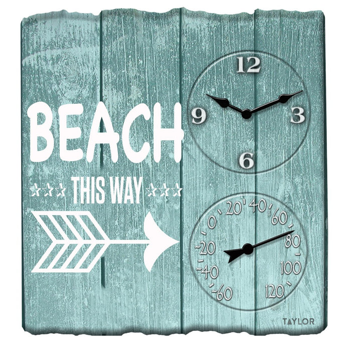 Taylor Precision Products 14-inch X 14-inch Beach This Way Clock With Thermometer